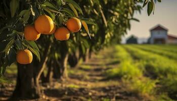 een oranje boom is in de voorgrond met een boerderij veld- achtergrond. generatief ai foto