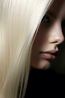 detailopname portret van een blond vrouw met perfect wit haar- kleur en kapsel. banier of poster. sociaal media inhoud voor schoonheid salons. haar- kleurstof kleur in de catalogus. foto