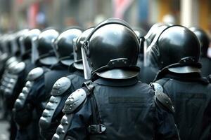 Politie in vol uitrusting Aan de straat. Politie in helmen, helmen en kogelvrij vesten strijd protesten en rellen foto
