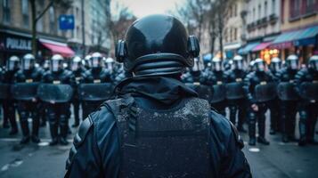 Politie in vol uitrusting Aan de straat. Politie in helmen, helmen en kogelvrij vesten strijd protesten en rellen foto