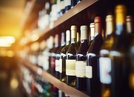 abstract vervagen wijn flessen Aan likeur alcohol schappen in supermarkt op te slaan achtergrond. generatief ai foto