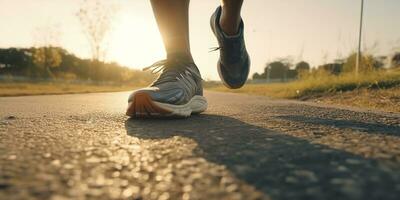 dichtbij omhoog Aan de schoen, loper atleet voeten rennen Aan de weg onder zonlicht in de ochtend. ai generatief foto