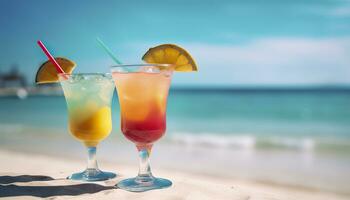 cocktail glas Aan de zanderig strand in de buurt de zee in zomer tijd. generatief ai foto