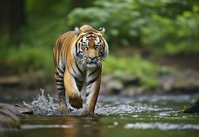 amur tijger wandelen in de water. gevaarlijk dier. dier in een groen Woud stroom. generatief ai foto