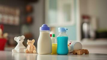 melk flessen voor baby en verrukkelijk speelgoed transformeren de keuken tafel. generatief ai foto
