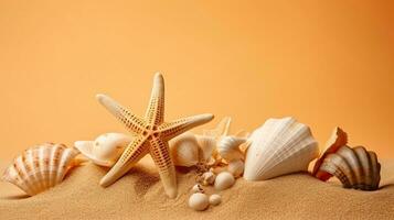 zand met zeesterren en schelpen Aan pale oranje achtergrond, generatief ai foto