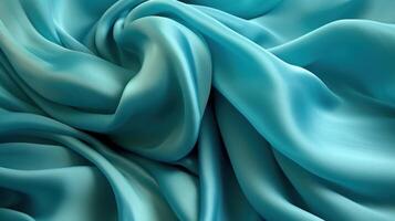 een blauw zijde kleding stof achtergrond van turkoois zijde materiaal behang. generatief ai foto