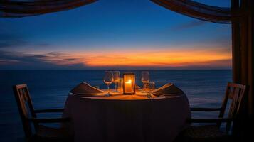 een romantisch oceaan visie diner, ai generatief foto