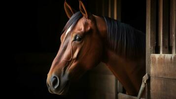 hoofd van de volbloed paard op zoek over- de houten stal deuren. dichtbij omhoog, generatief ai foto