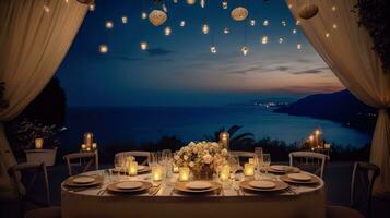 een nacht naar herinneren, hemel- bruiloft thema met keizerlijk tafel instelling en oceaan vergezichten met zacht kaarslicht. generatief ai foto
