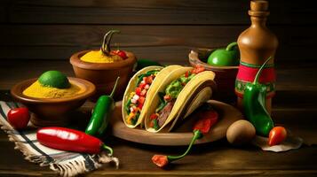 samenstelling met Mexicaans traditioneel voedsel, maracas en vlag Aan grunge tafel, licht achtergrond. ai generatief foto
