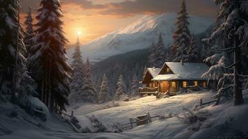 mooi winter hut in een verbijsterend alpine landschap winter landschap ai gegenereerd beeld foto