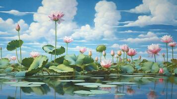 bries blauw lucht wit wolken vijver lotus bloem fotografie ai gegenereerd beeld foto