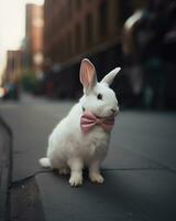een grappig schattig wit baby konijn vervelend een zacht roze boog stropdas ai gegenereerd beeld foto