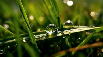 macro schot van een laten vallen Aan de gras achtergrond ai gegenereerd beeld foto