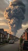 een zwart wolk stijgt over- een woon- straat met parker ai gegenereerd beeld foto