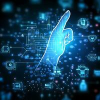 een zakenman hand- vinger aanraken met cyberpunk neon cyber ruimte verlichting technologie stroomkring foto