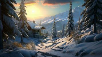 mooi winter hut in een verbijsterend alpine landschap winter landschap ai gegenereerd beeld foto