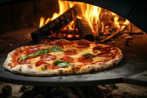 pizza is Koken in traditioneel hout brandend oven. generatief ai foto