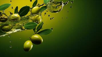 olijven en olijf- olie groen achtergrond foto