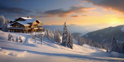 hotel Aan de sneeuw helling in mooi land winter zonsondergang foto