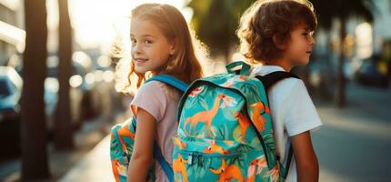 kinderen Holding rugzakken staand in voorkant van een straat foto