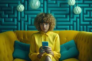 vrouw op zoek Bij een mobiel telefoon Aan sofa in leven kamer, in de stijl van geel en aquamarijn foto