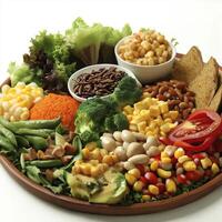 vegetarisch lunch Aan houten bord met verscheidenheid Aan wit achtergrond. ai generatief foto