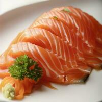 Zalm sashimi Aan wit bord. ai generatief foto