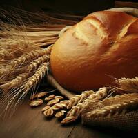 brood brood en tarwe oren en zak Aan houten achtergrond. ai generatief foto