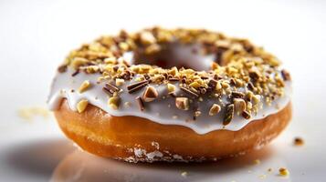 ai generatief een dichtbij omhoog donut Aan wit achtergrond foto