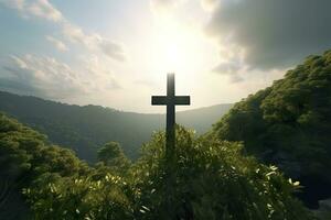 de kruis van god met groen blad, in de stralen van de zon en blauw lucht. kruis Aan de heuvel met groen bomen en groen natuurlijk visie. religieus concept, ai generatief foto