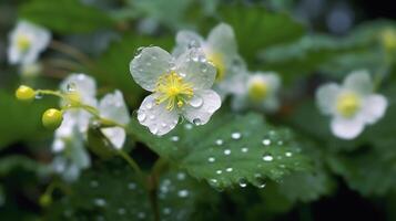 ai generatief wit bloemen met dauwdruppels Aan de bladeren foto