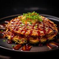 een okonomiyaki met vervagen achtergrond ai generatief foto