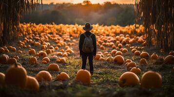 ai generatief een persoon staand in een veld- van pompoenen foto