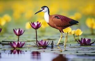 kleurrijk Afrikaanse waadvogel met lang tenen De volgende naar paars water lelie in water. generatief ai foto