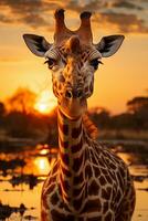 een giraffe foerageert Aan de savanne in Afrika. ai generatief foto