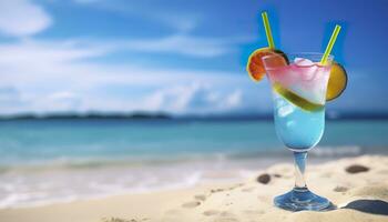 cocktail glas Aan de zanderig strand in de buurt de zee in zomer tijd. generatief ai foto