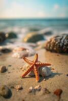 een zeester houdende Aan een zand in een strand foto