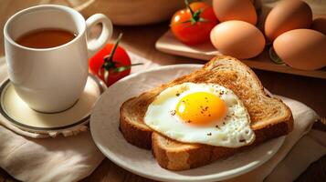 ai generatief gegrild brood en tomaat met een ei Aan een bord met koffie foto