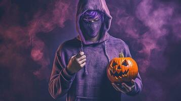 een Mens met Purper capuchon met masker gezicht gedekt voor halloween ai generatief foto