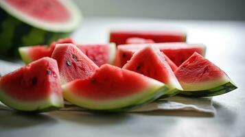 plakjes van watermeloen Aan een wit tafel foto