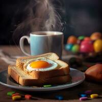 ai generatief gegrild brood en tomaat met een ei Aan een bord met koffie foto