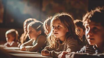 ai generatief een groep van kinderen zittend in een klas foto