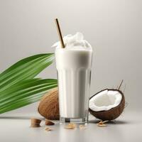 kokosnoot melk schudden glas met vers gesneden kokosnoot. generatief ai foto