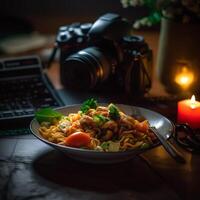 een yakisoba met vervagen achtergrond ai generatief foto