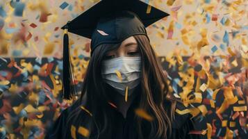 een vrouw met gezicht masker vervelend een diploma uitreiking pet en japon met confetti ai generatief foto