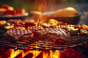 bbq voedsel partij zomer grillen vlees in de middag van weekend gelukkig feest. ai generatief foto