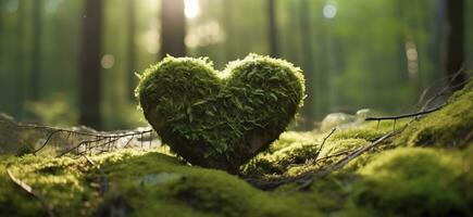 detailopname van houten hart Aan mos. natuurlijk begrafenis graf in de bossen. generatief ai foto