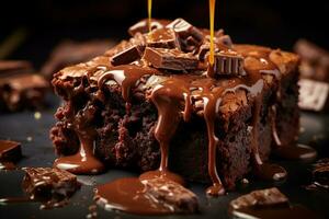 sappig brownies, eigengemaakt brownies taart koekjes met chocola, Aan donker achtergrond kopiëren ruimte foto